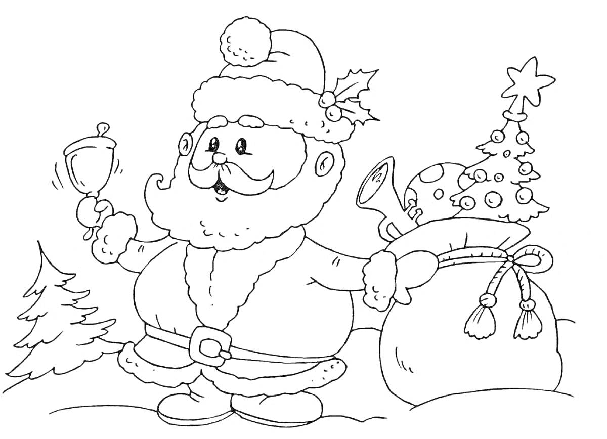 На раскраске изображено: Дед Мороз, Колокольчик, Мешок с подарками, Новый год, Рождество, Зима, Снег, Праздничное настроение, Елки