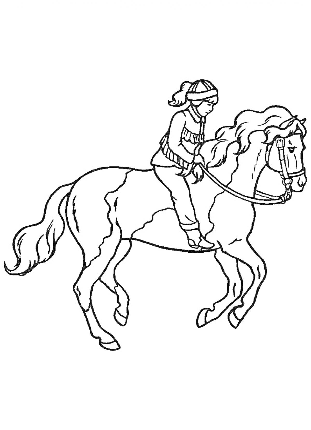 На раскраске изображено: Лошадь, Всадник, Езда, Конный спорт, Ребенок, Шляпа, Уздечка