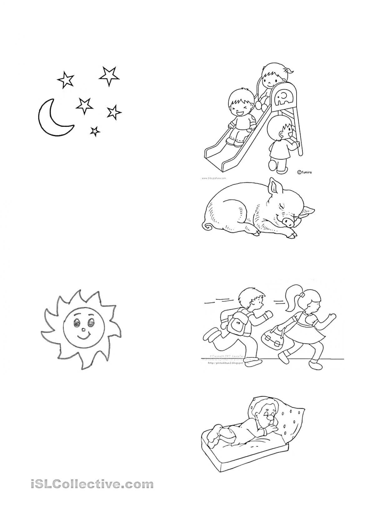 На раскраске изображено: Звезды, Месяц, Горка, Улыбающееся солнце, Ребенок, Ночь, День, Игра, Сон