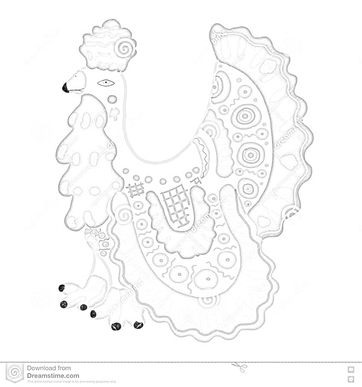 Раскраска индюк для дымковской росписи с орнаментом из кружков, завитков и штрихов