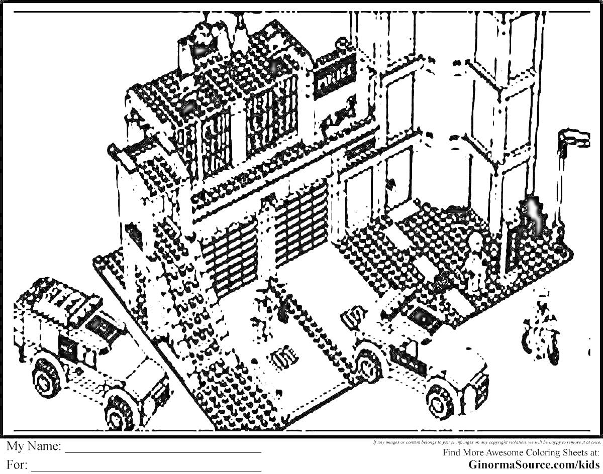 Раскраска Лего полицейский участок с автомобилями, зданиями и фигурками