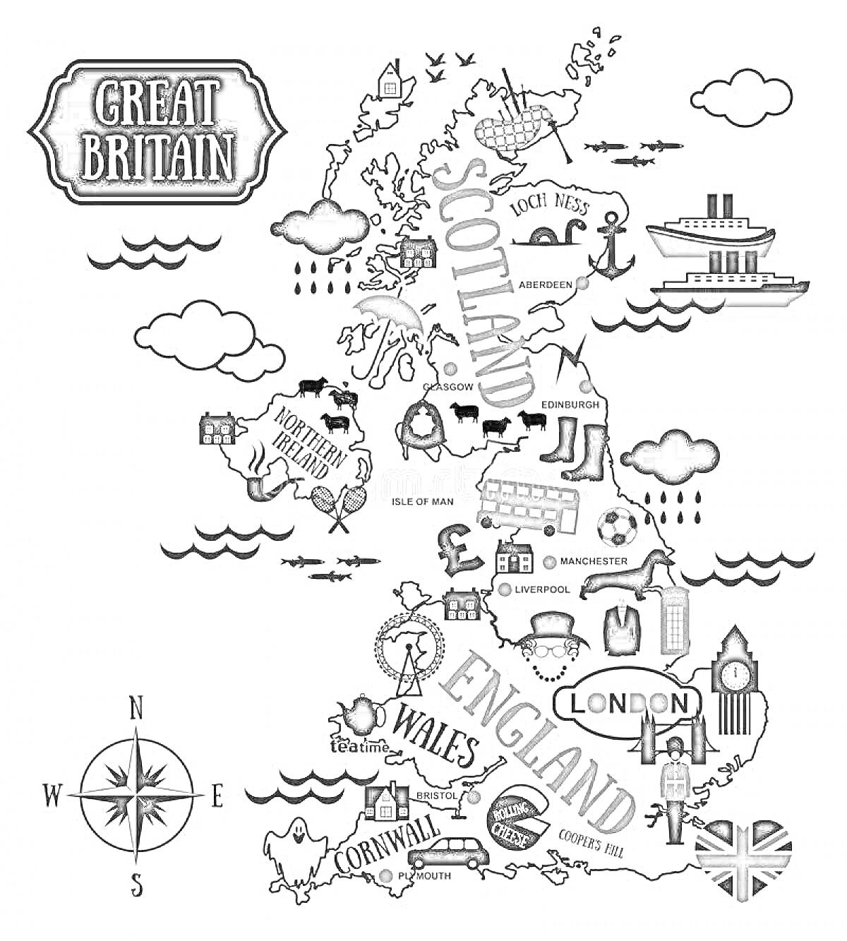 Раскраска Раскраска - карта Великобритании с достопримечательностями, якорем, кораблем, барашками и компасом