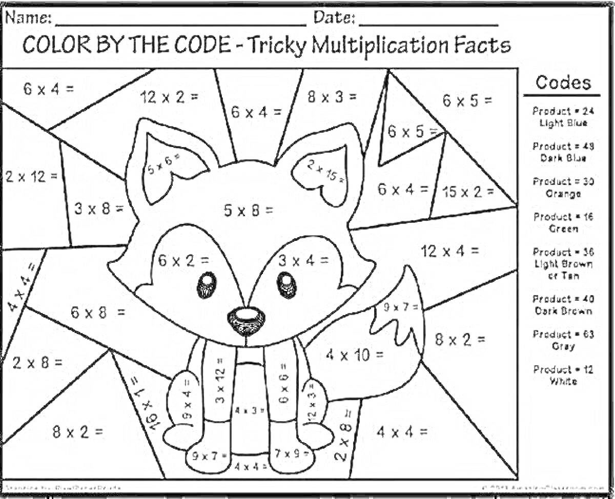 Раскраска Раскраска по кодам: Хитрые таблицы умножения с изображением лисички, разукрашивание по результатам умножения, задания для 3 класса