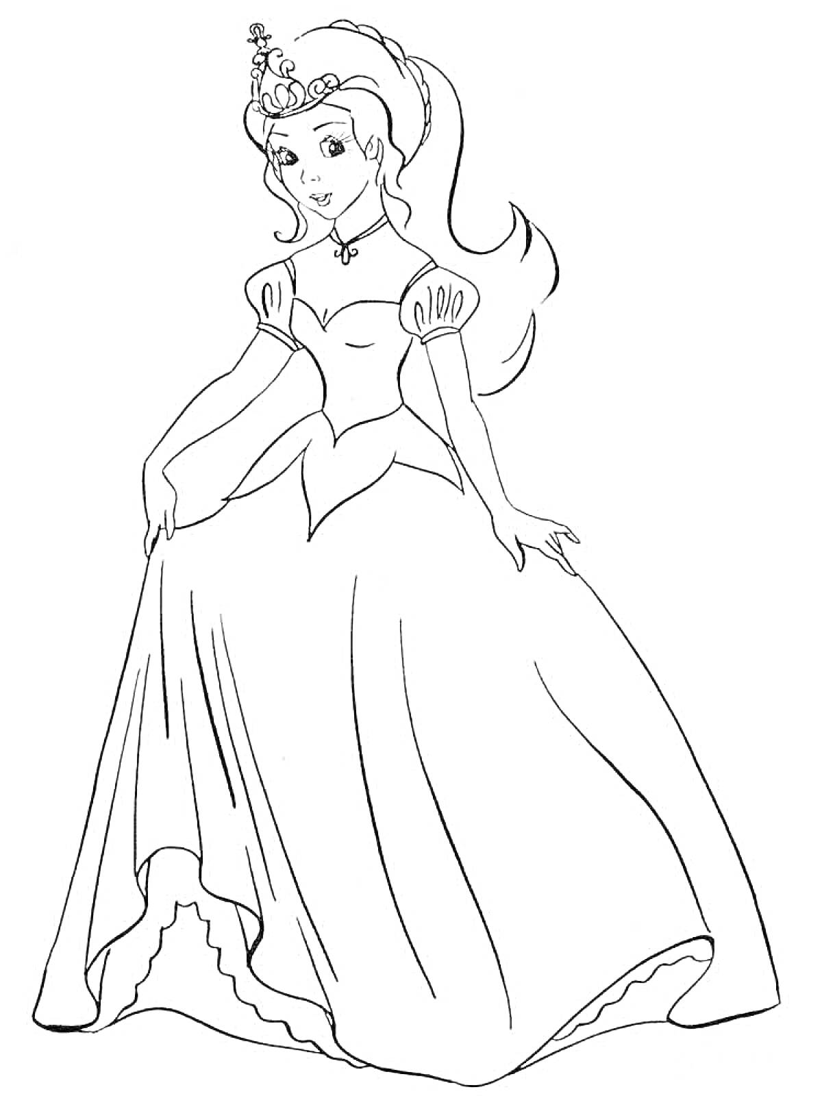 Раскраска Принцесса с короной и длинным платьем