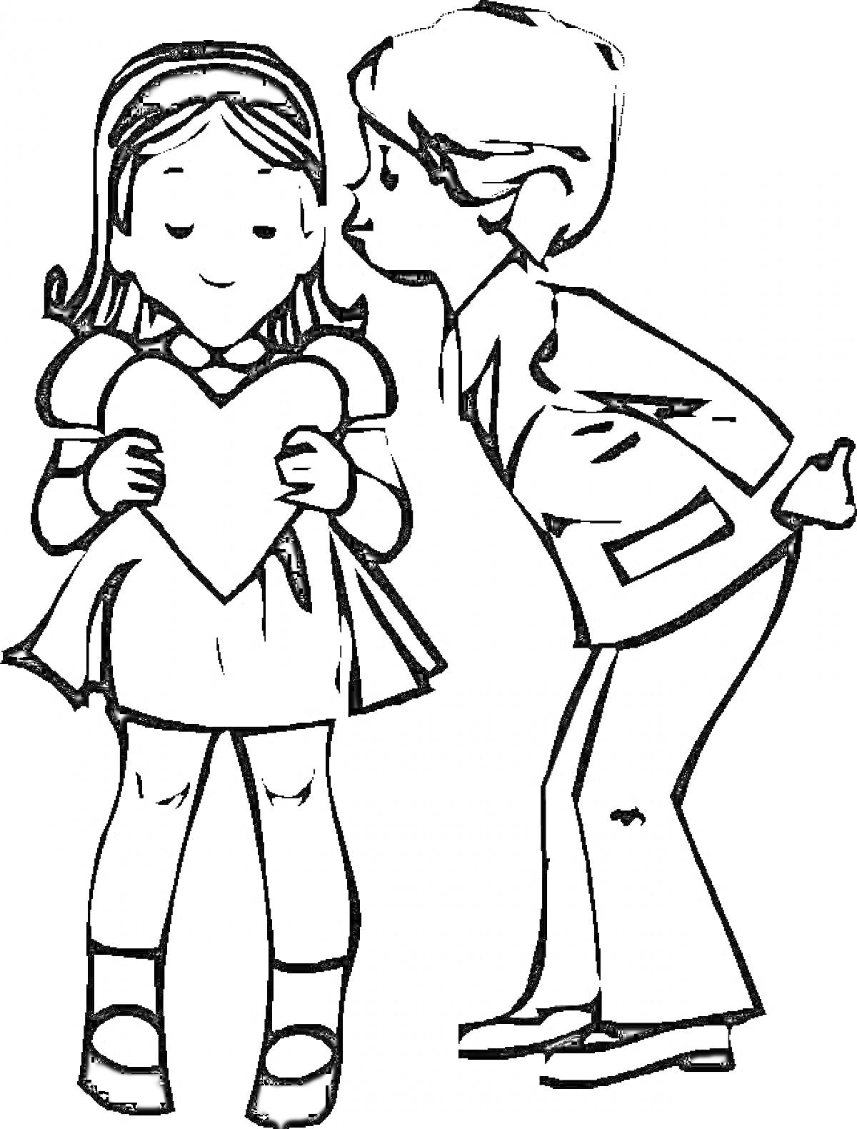 Раскраска Девочка с сердцем и мальчик, пытающийся поцеловать