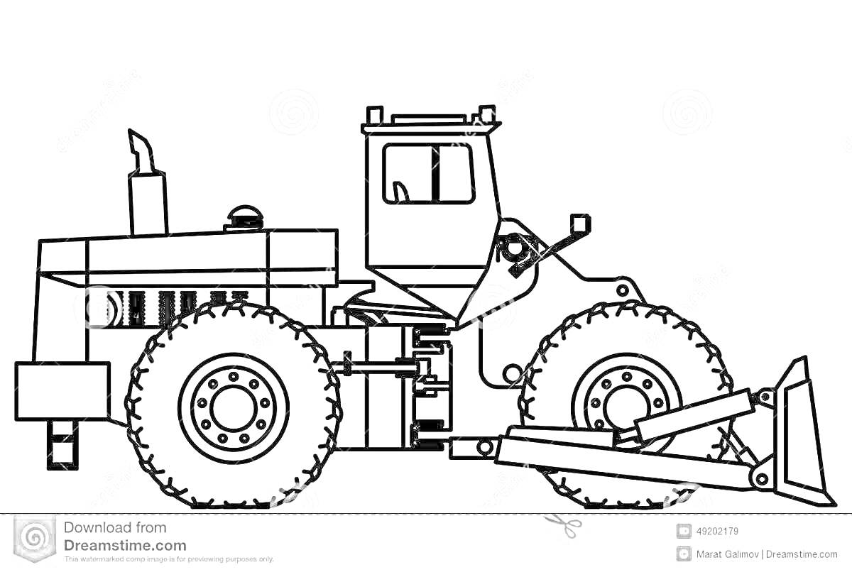 Раскраска трактор с крупными колёсами и плугом