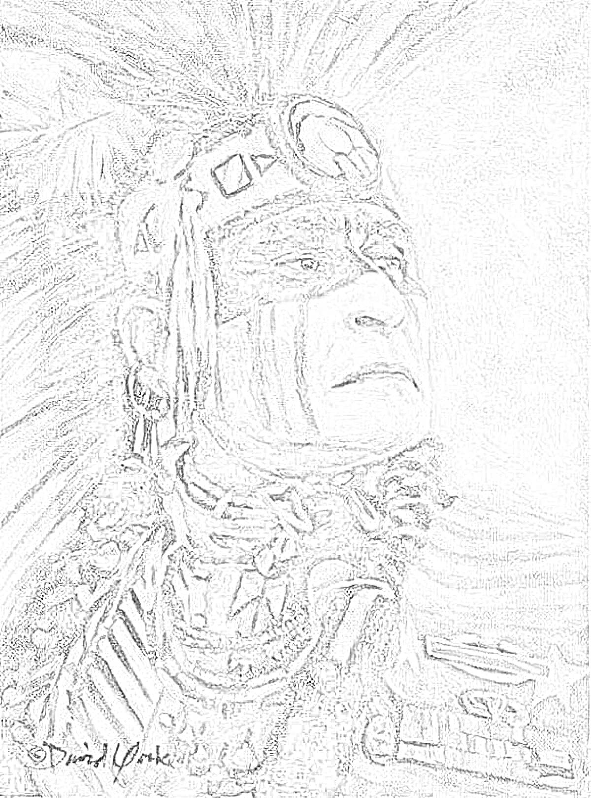 Раскраска Индейский воин с раскрашенным лицом в боевой раскраске, яркими головными уборами и украшениями на шее, в традиционной одежде с эмблемами и медалями.