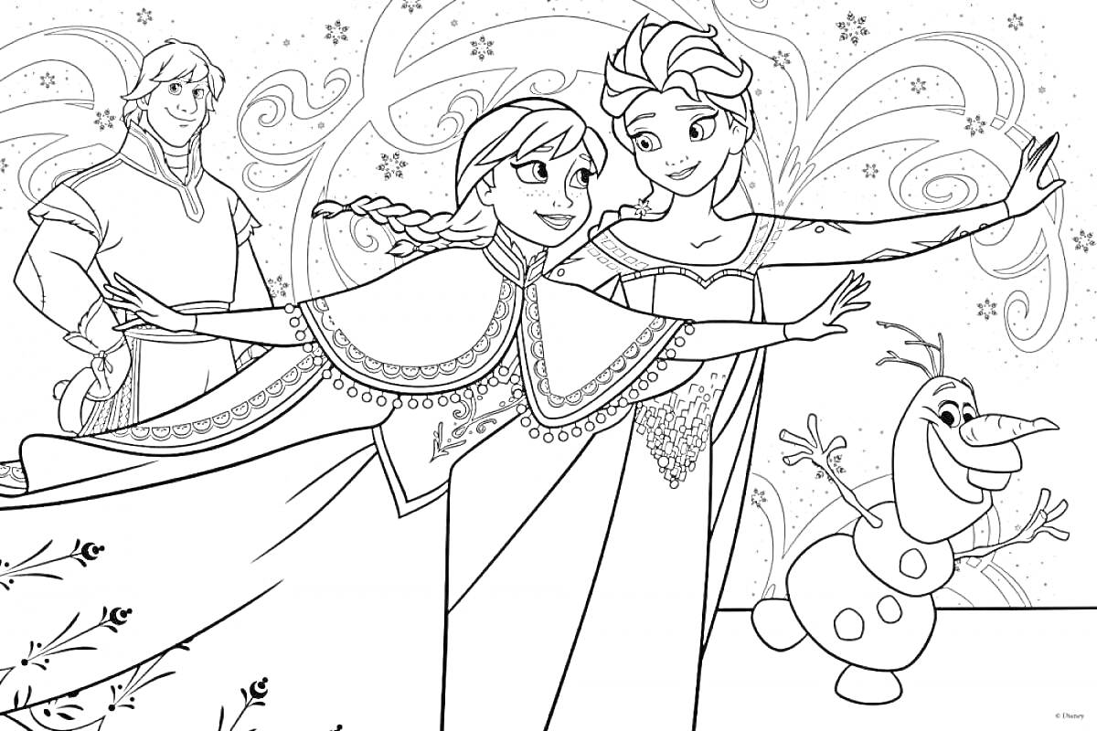Раскраска Две принцессы в платьях, снеговик и мужчина на фоне узоров