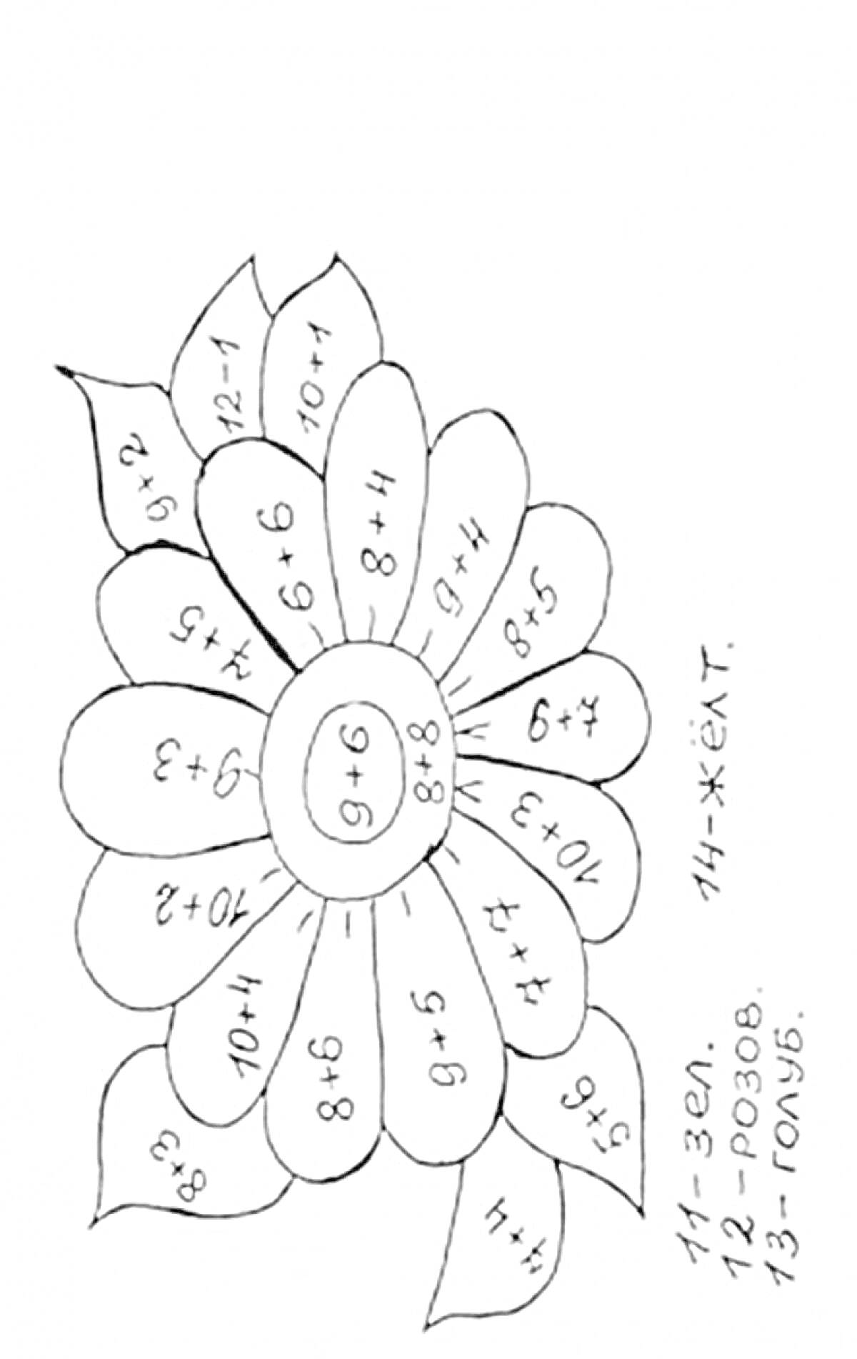 Раскраска Цветик семицветик с математическими примерами и подписями цветов