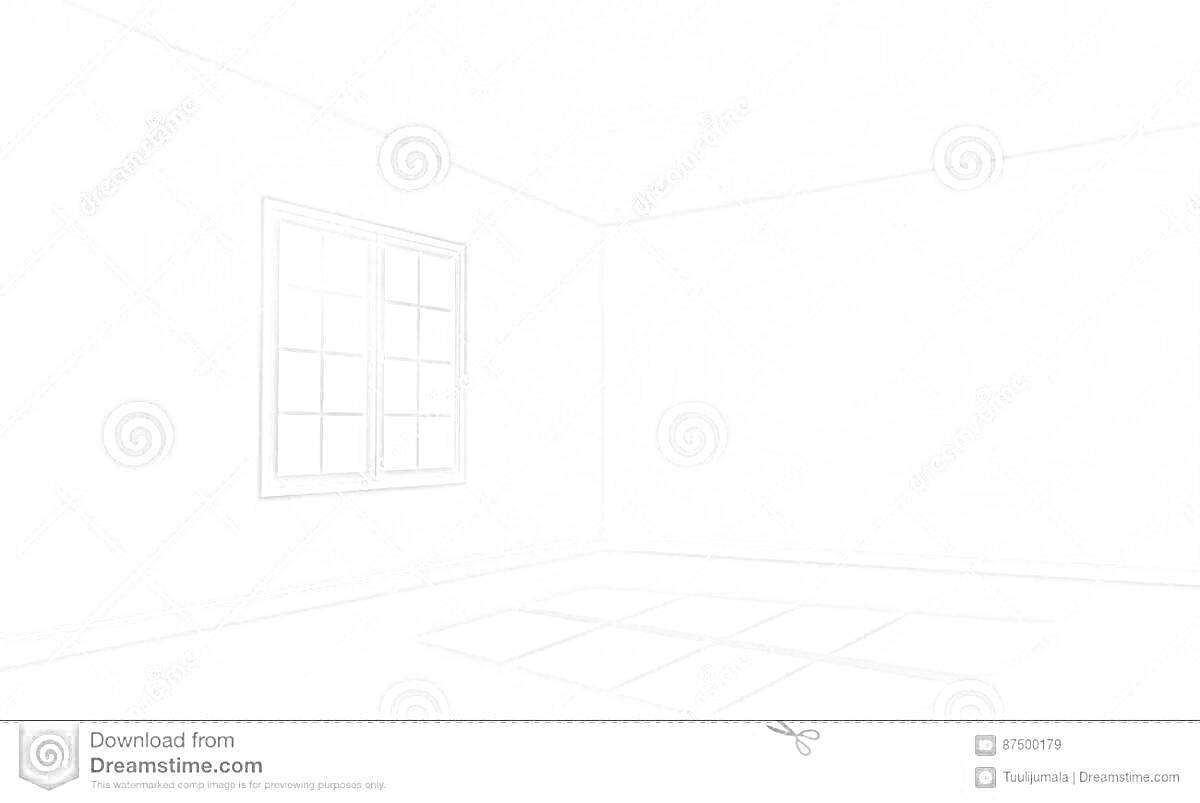 На раскраске изображено: Комната, Пустая, Солнечный свет, Пол, Потолок