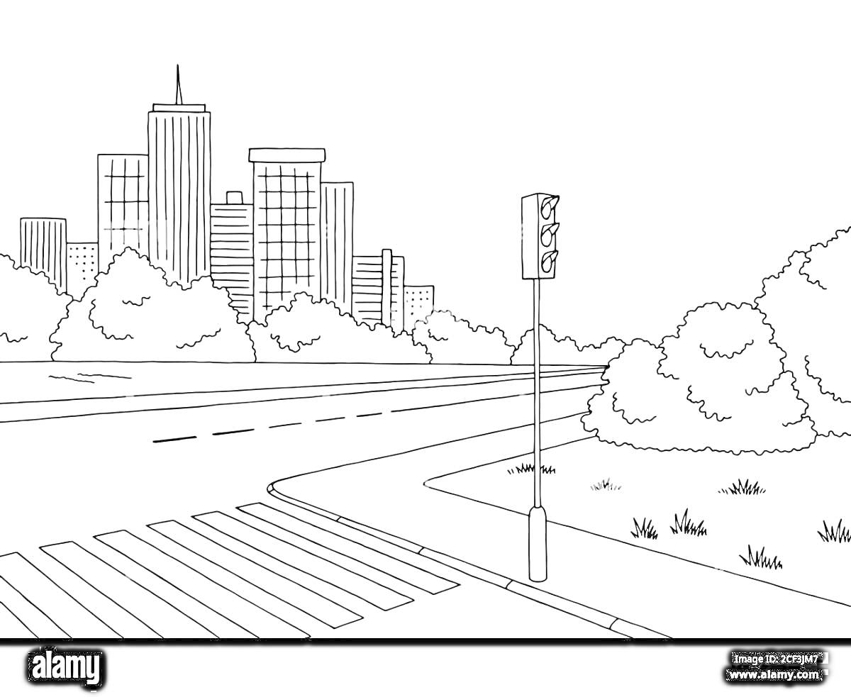 Раскраска Перекрёсток с пешеходным переходом около светофора и высотных зданий на фоне деревьев