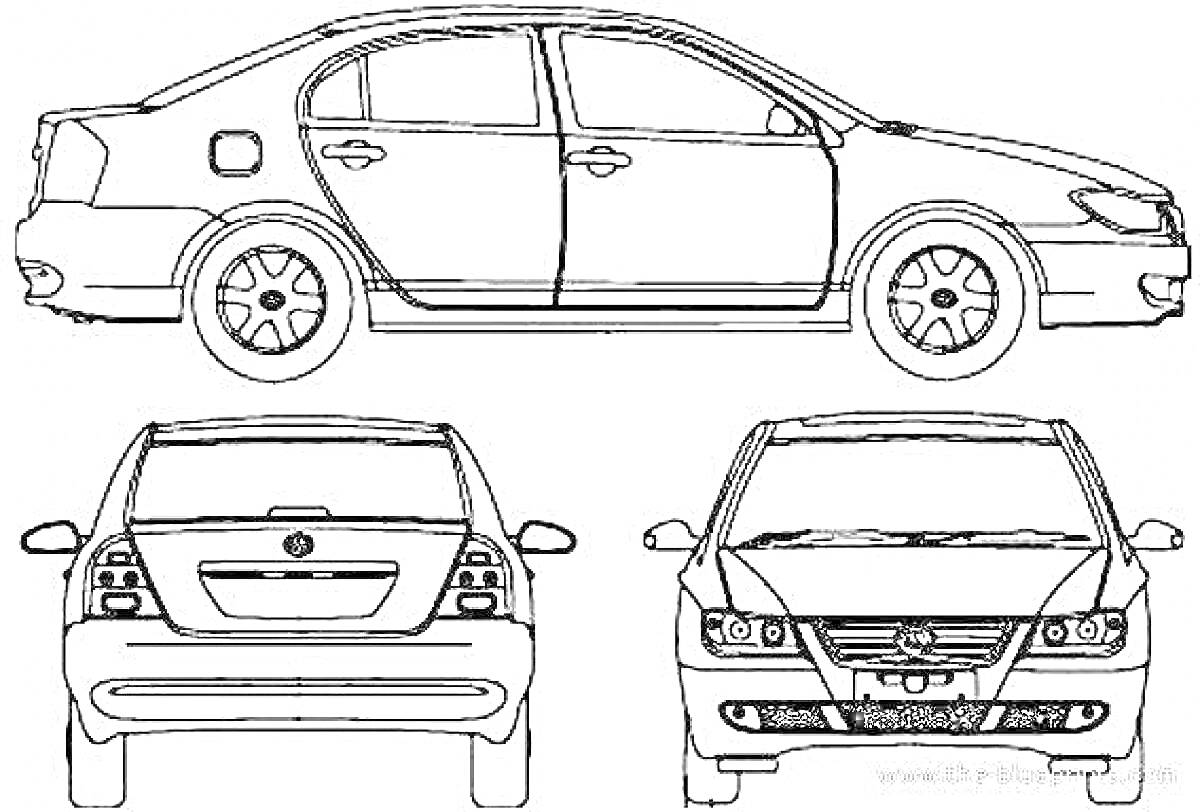 Раскраска Седан Лифан, вид сбоку, спереди и сзади