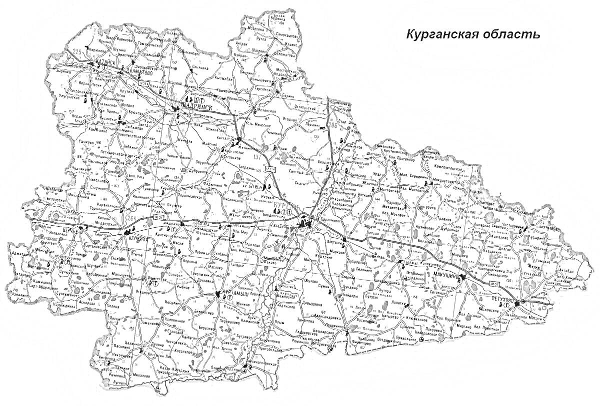 На раскраске изображено: Курганская область, Карта, Дороги, Населенные пункты, Россия