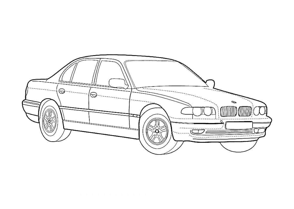 Раскраска Седан BMW с деталями кузова, фар, колес и стекол
