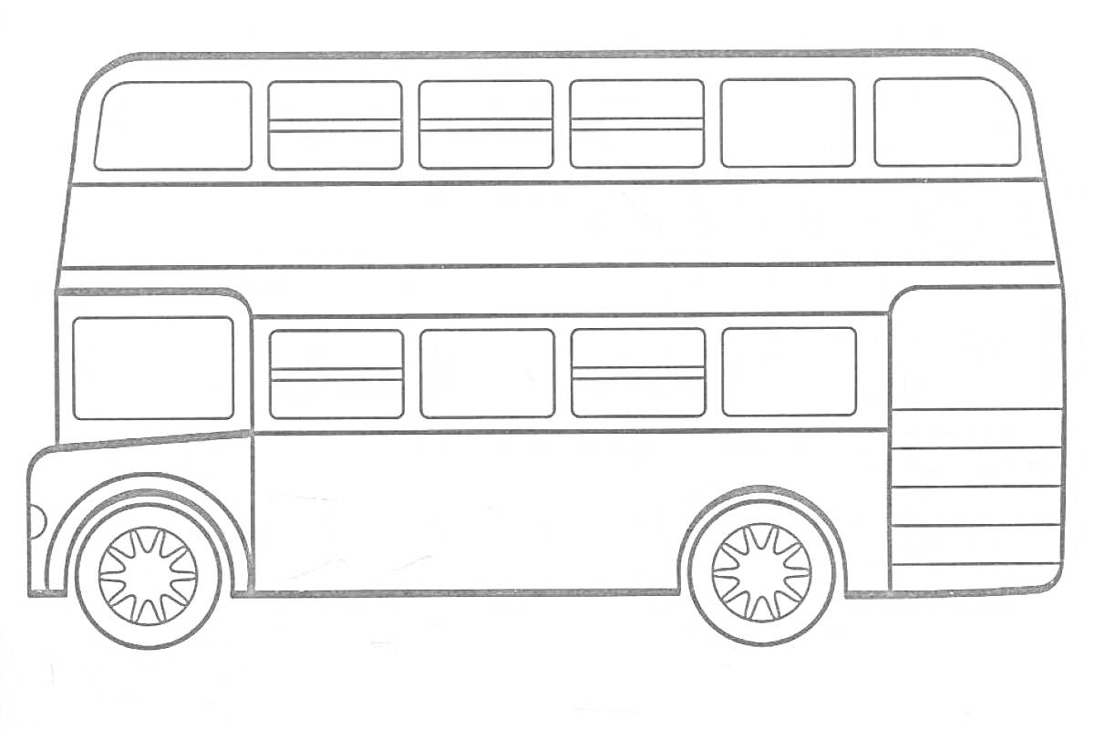 На раскраске изображено: Двухэтажный автобус, Автобус, Транспорт, Окна, Колёса