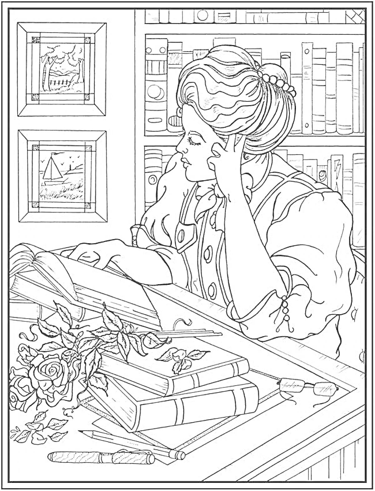 Раскраска Женщина за чтением книги в библиотеке с розами, фотографиями на стене и стопкой книг на столе