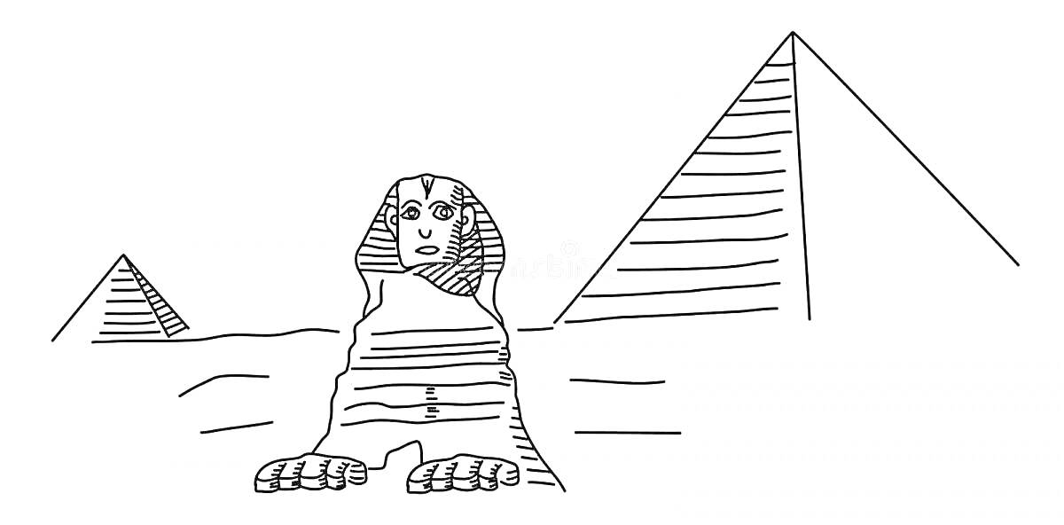 На раскраске изображено: Сфинкс, Египет, Пустыня, Историческое место, Древний мир, Античность