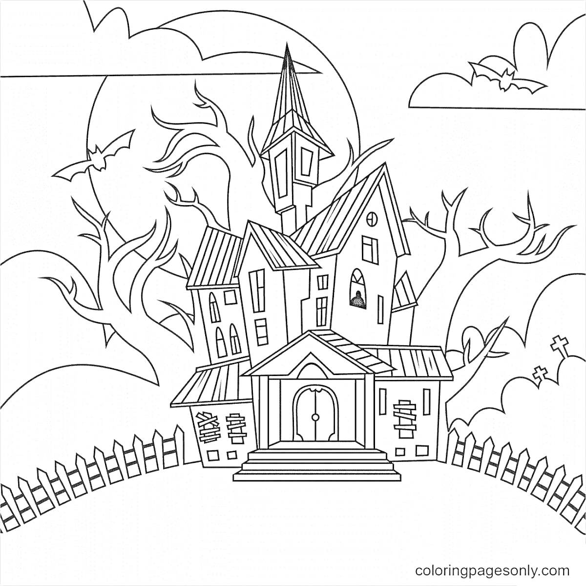 На раскраске изображено: Дом, Привидения, Луна, Деревья, Забор, Окна, Хэллоуин