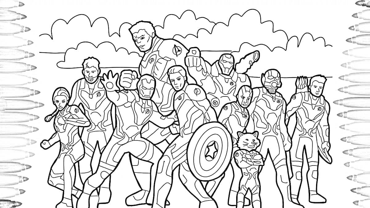 На раскраске изображено: Мстители, Супергерои, Комиксы, Команда, Щит, Облака, Небо