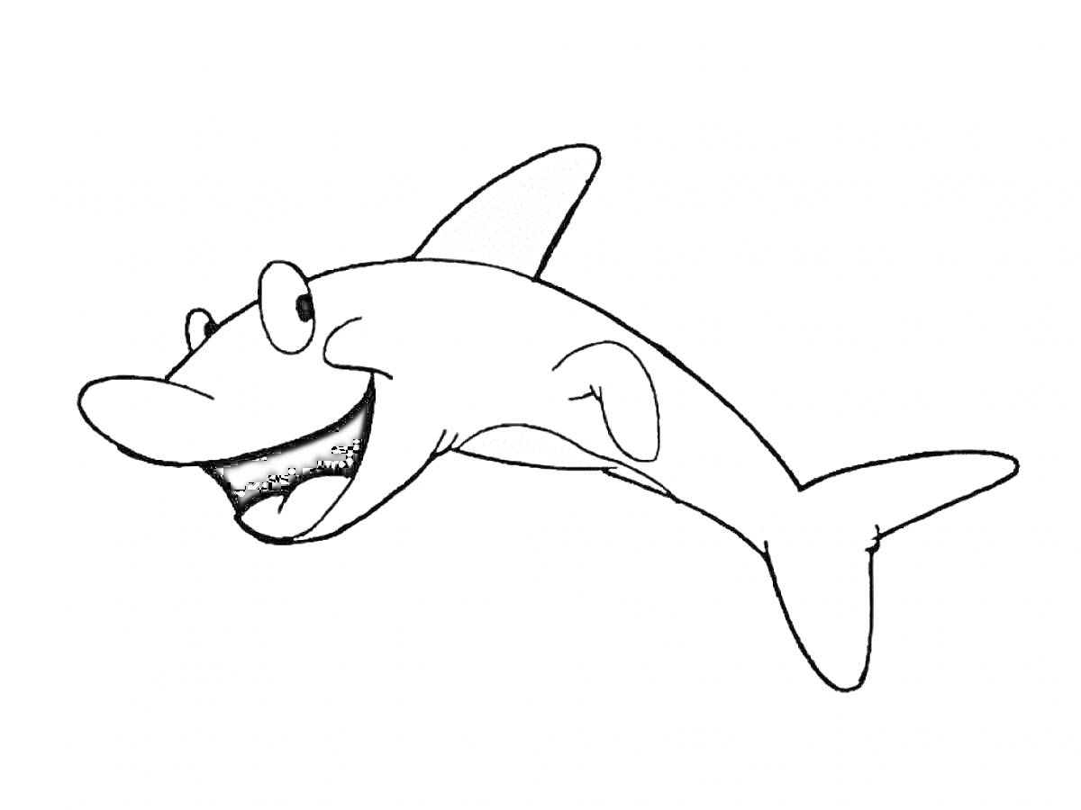 На раскраске изображено: Морская жизнь, Подводный мир, Плавники, Улыбка, Большие глаза