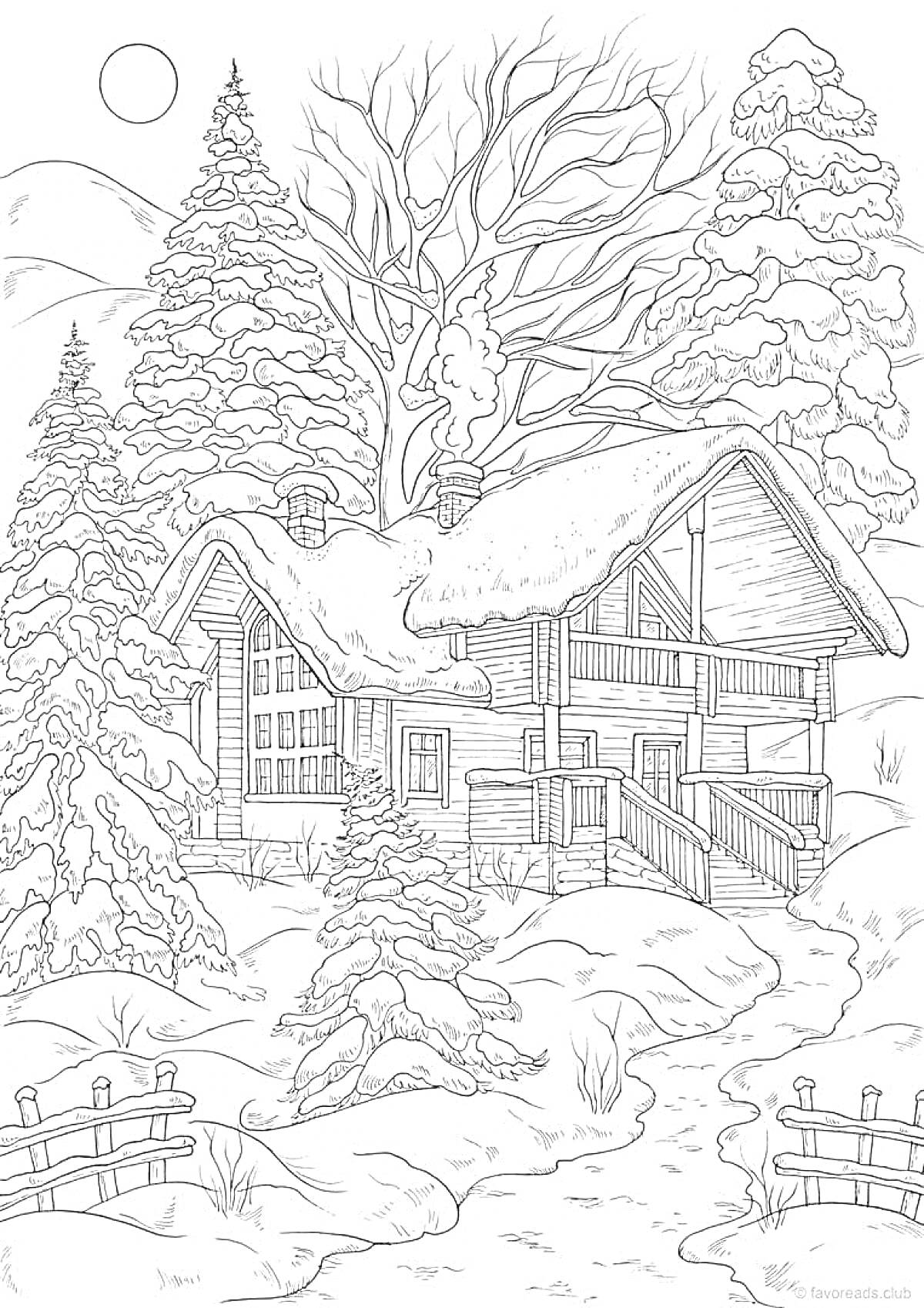 На раскраске изображено: Домик, Лес, Зима, Снег, Заснеженные деревья, Дымоход, Деревянный забор, Холмы, Природа