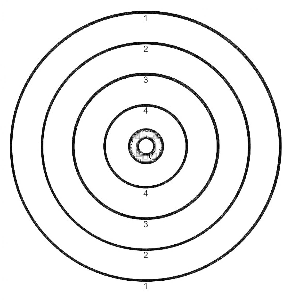 Раскраска мишень с пятью кругами и цифрами 1, 2, 3, 4