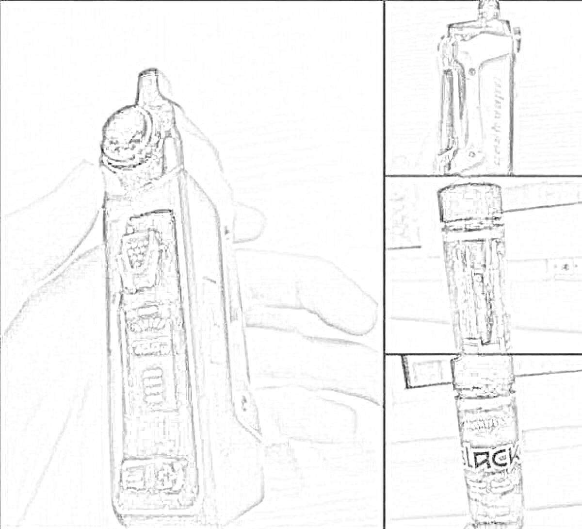 На раскраске изображено: Электронная сигарета, Вейп, Рука, Доска, Бутылка, Крышка
