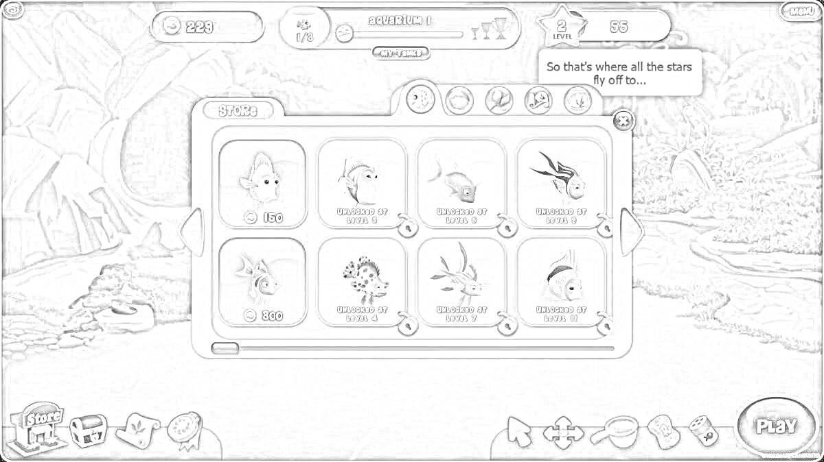 На раскраске изображено: Игра, Аквариум, Геймплей, Объекты, Интерфейс, Меню, Подводный мир, Украшения