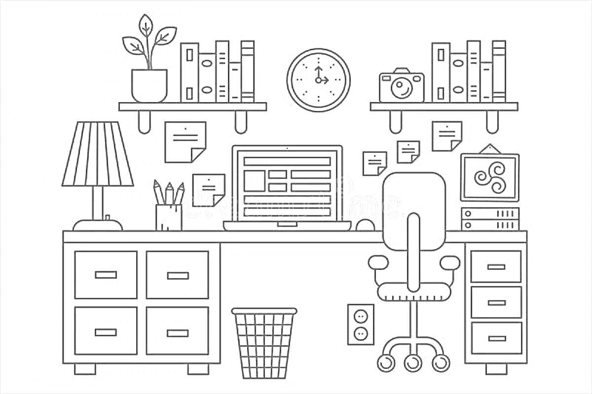 Раскраска Офис с рабочим столом, ноутбуком, настольной лампой, ящиками, мусорной корзиной, настенными полками с книгами, растением, часами, фотокамерой, стулом, динамиком, папками и заметками на стене.