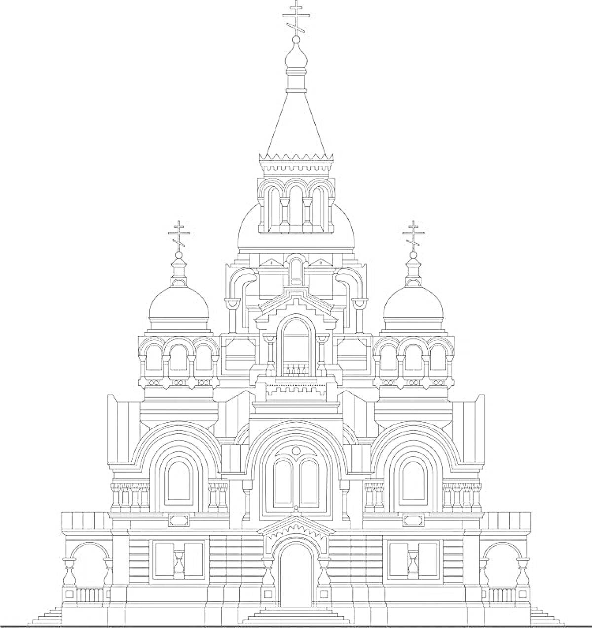 Раскраска Храм Спаса на Крови, фасад с куполами и крестами, детализированная архитектура