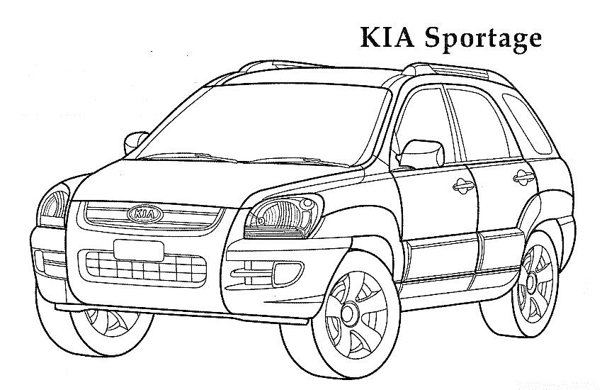 Раскраска KIA Sportage с боковым и передним видом, контурное изображение