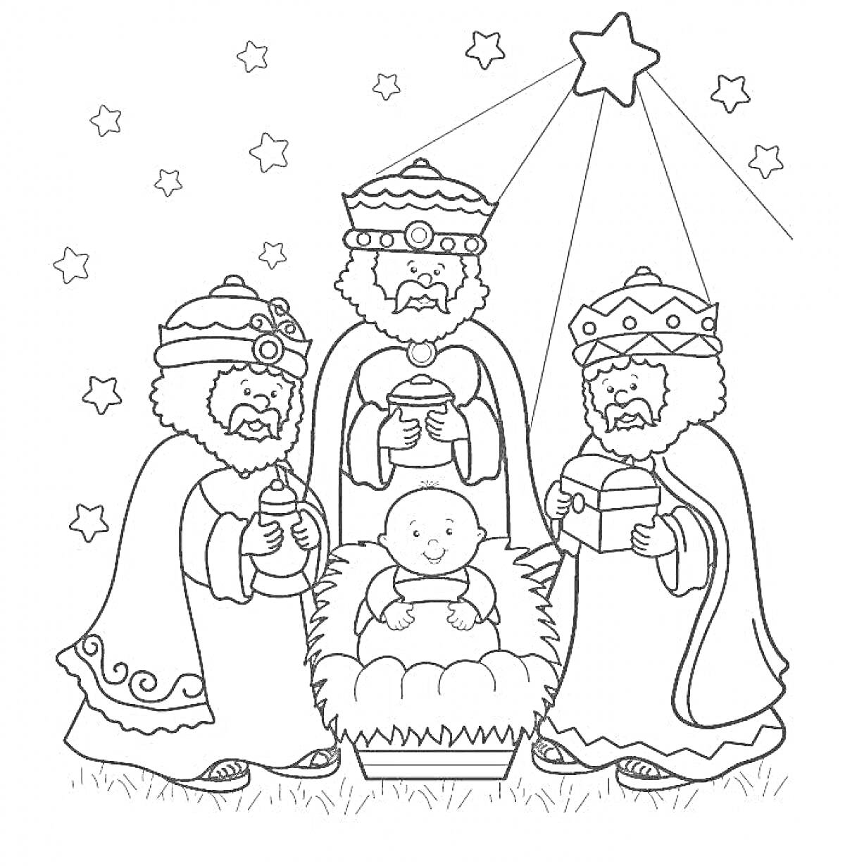 На раскраске изображено: Рождество, Волхвы, Младенец, Ясли, Звезды, Вифлеемская звезда, Рождественская сцена
