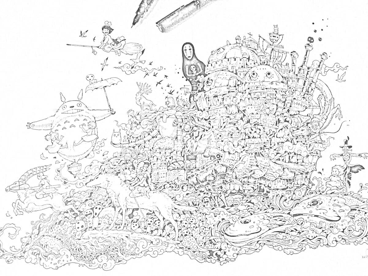 На раскраске изображено: Хаяо Миядзаки, Анимация, Ведьма, Метла, Тоторо, Лесные существа, Дракон