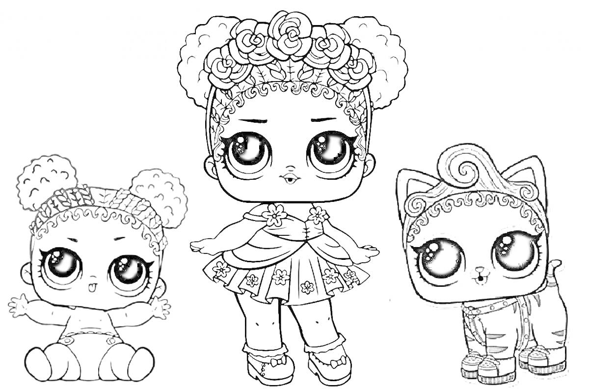 Раскраска Куклы Лол, малышка, стоящая кукла и кукла в костюме кошки с цветами на волосах