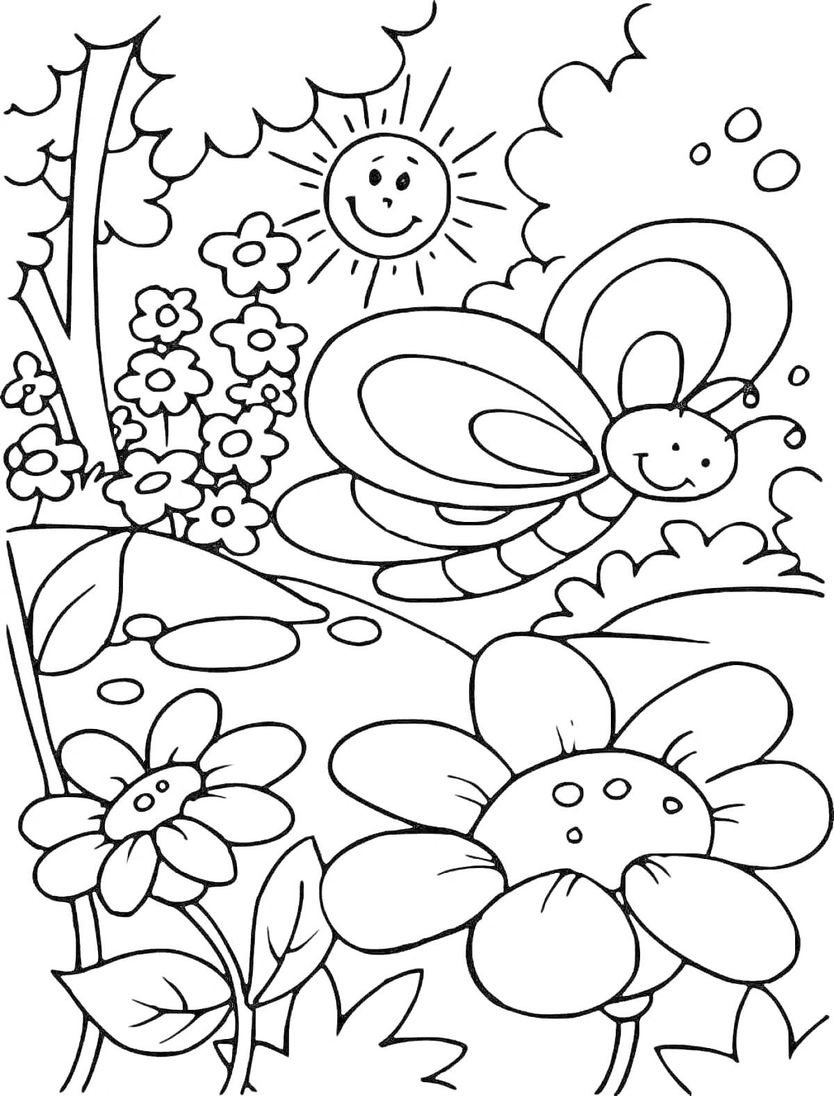 Раскраска Рисунок с природой, включающий солнце, бабочку, цветы и кусты