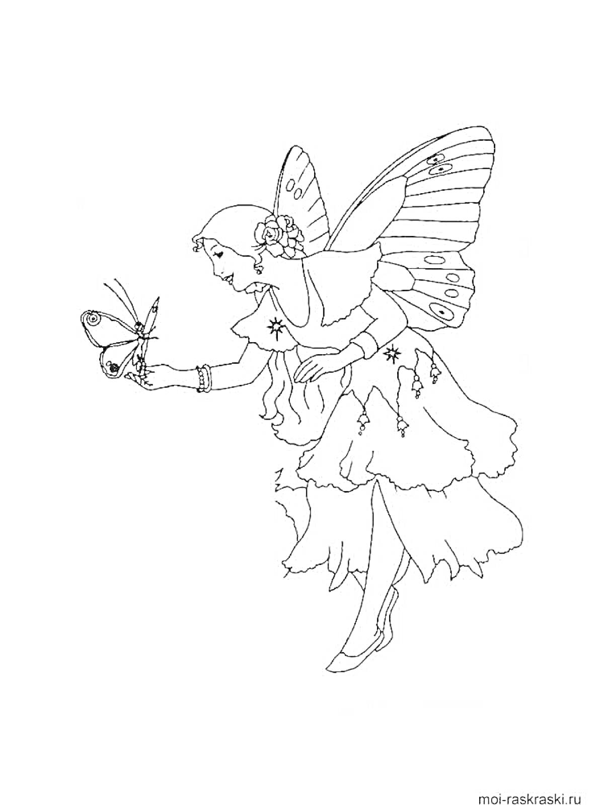 На раскраске изображено: Фея, Бабочка, Волосы, Платье, Крылья, Природа, Волшебство