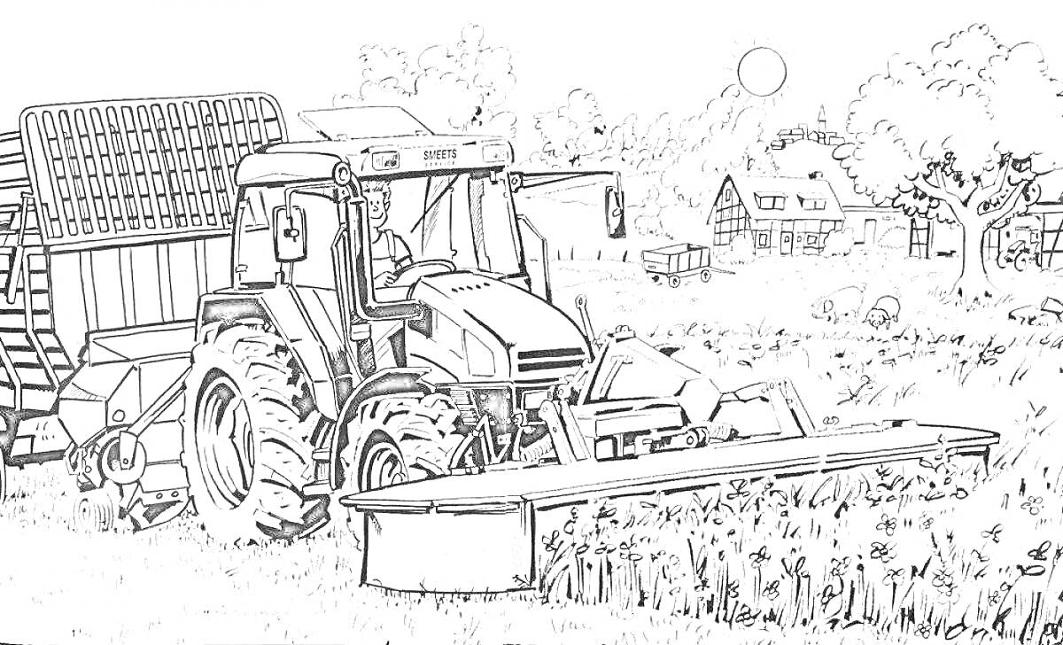 Раскраска Трактор с прицепом на поле, деревья и дом на заднем плане, солнце, сарай, коровы, забор, деревенская местность