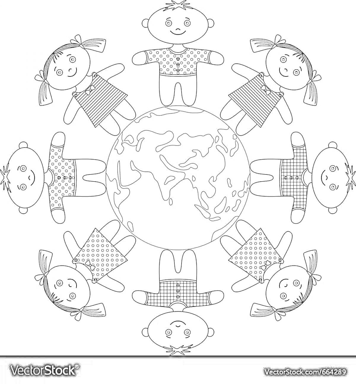 Раскраска Дети, стоящие по кругу вокруг земного шара