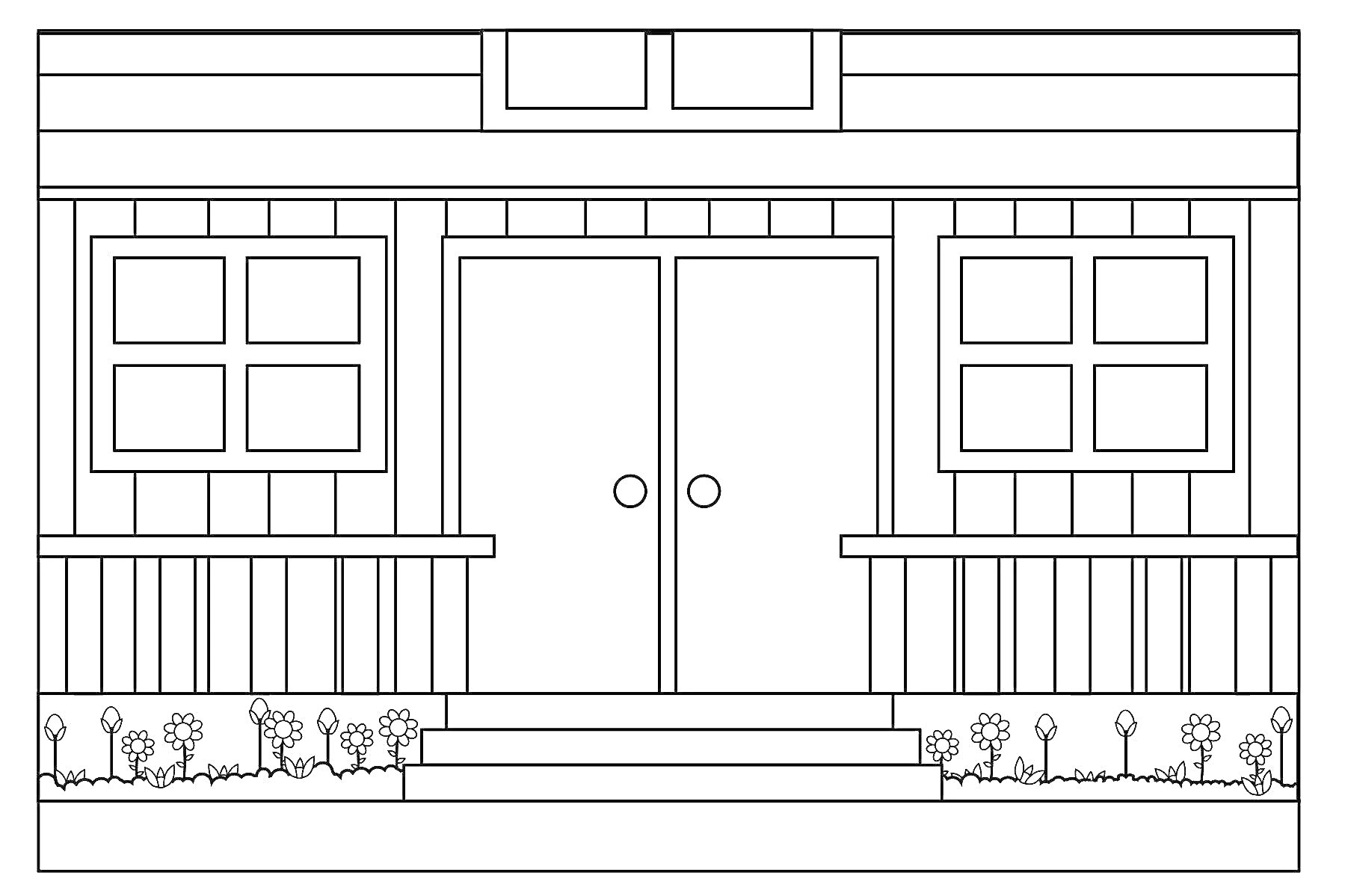 Раскраска Дом для бумажных кукол с двойными дверями, двумя окнами и клумбами с цветами
