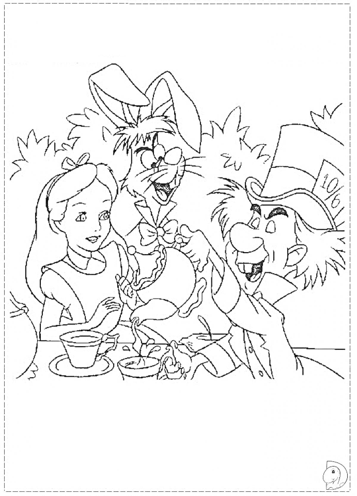 На раскраске изображено: Алиса, Чаепитие, Мартовский Заяц, Чашки, Безумный Шляпник