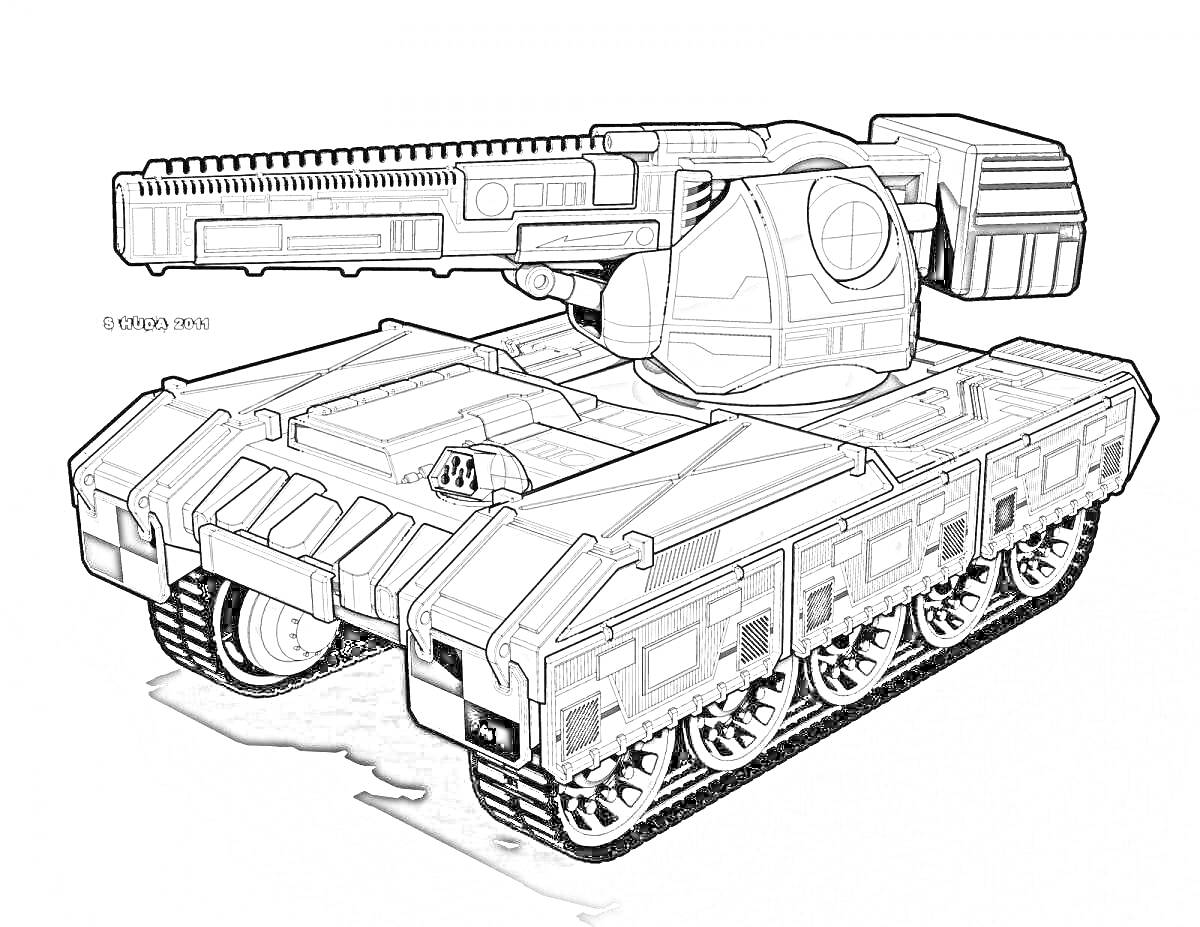 Раскраска Танк будущего с массивной турелью, гусеничный ход, броневые панели, крупное вооружение