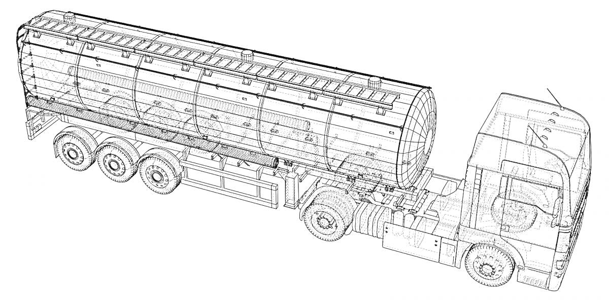 Раскраска Эскиз-раскраска грузовика с цистерной, включающего кабину водителя, цистерну, колеса и шасси