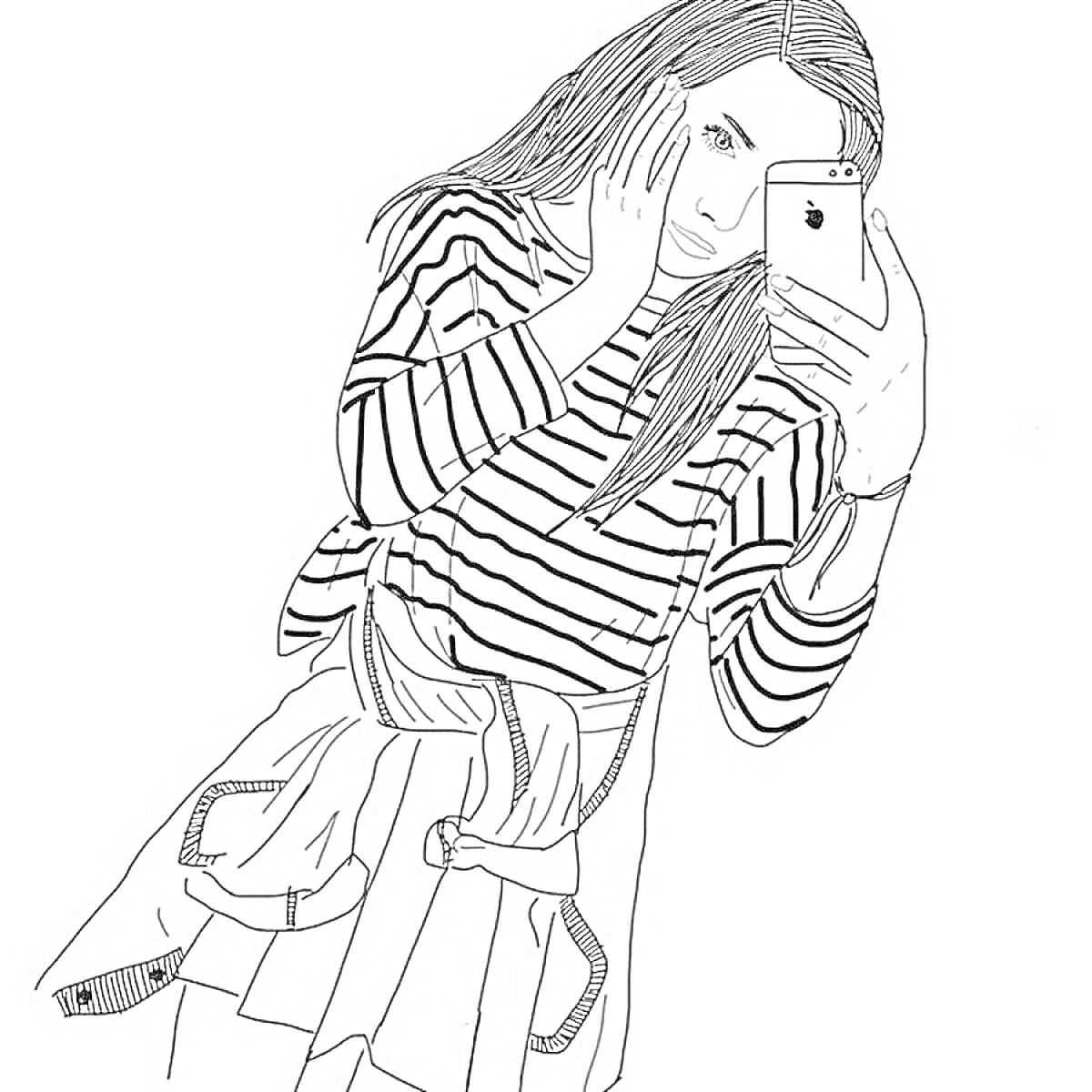 Раскраска Девушка в полосатой кофте с телефоном и свитером на талии