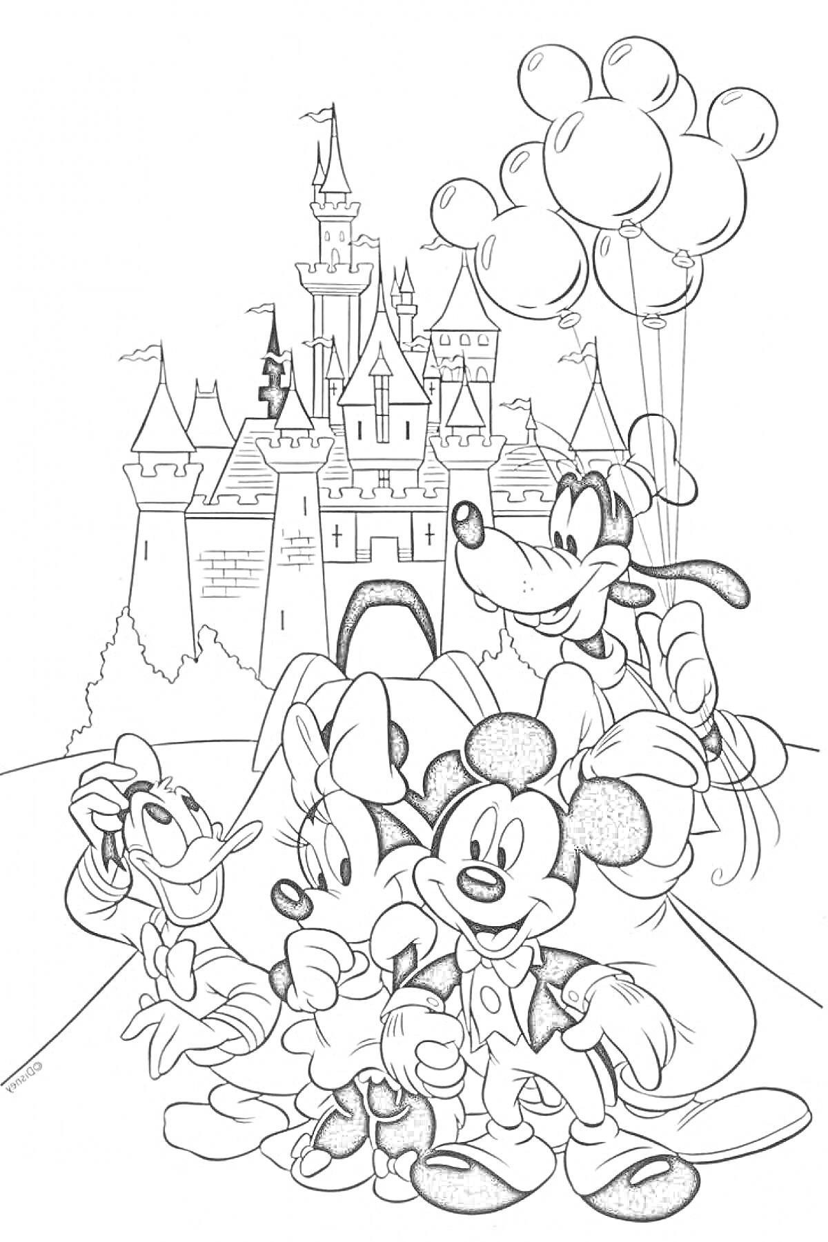 Раскраска Микки Маус, Минни Маус, Дональд Дак и Гуфи на фоне замка с воздушными шарами