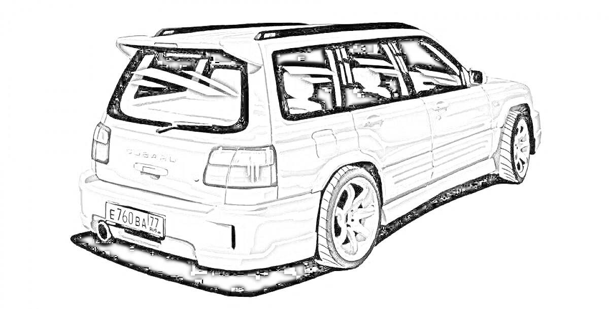 Раскраска Subaru Forester с номерным знаком, боковыми зеркалами, фарами, окнами и спойлером