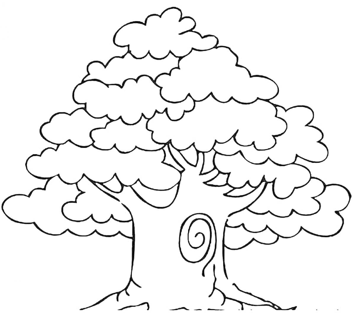 Раскраска Дерево с витками в кроне и декоративным элементом на стволе