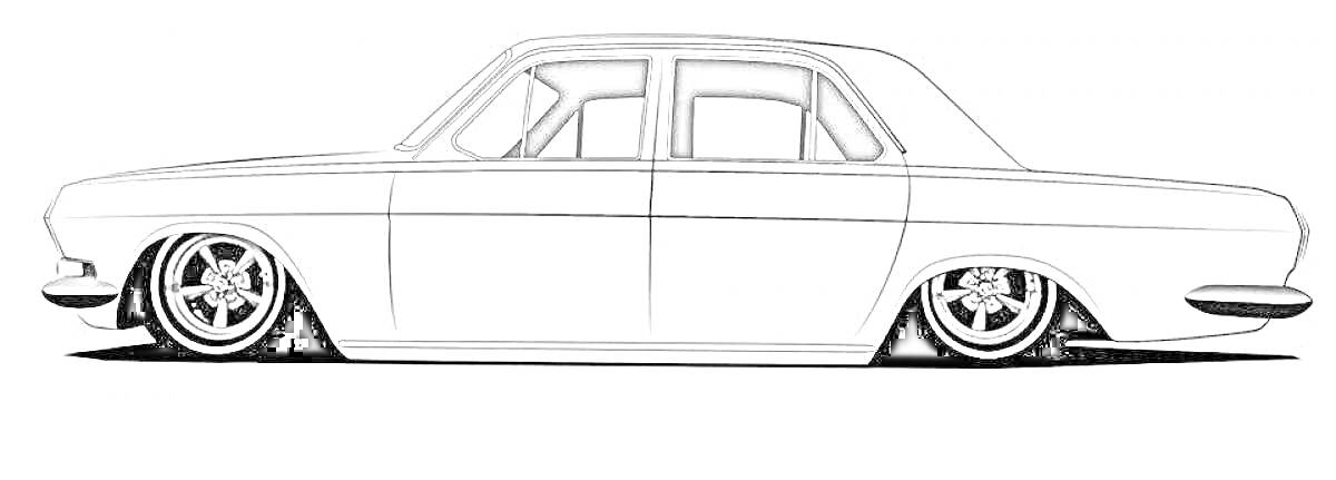 Раскраска Газ 24 в профиль с дисковыми колесами и заниженной подвеской
