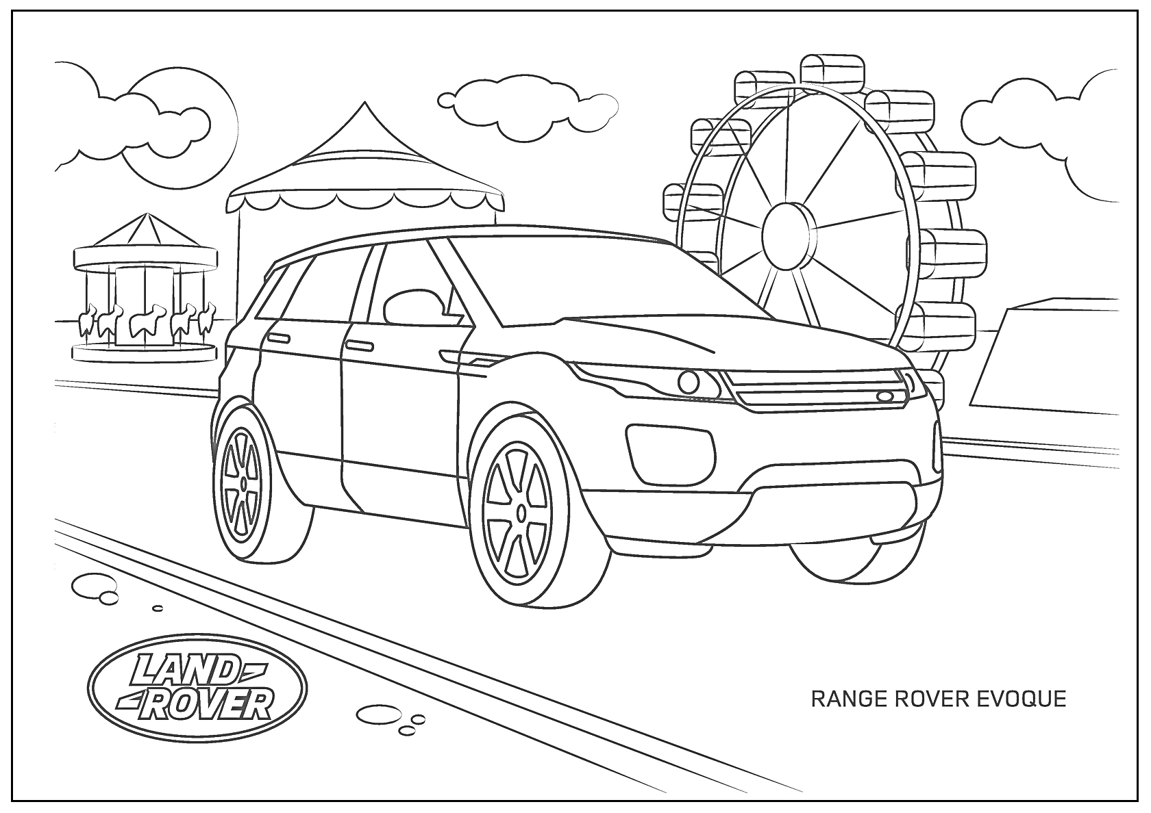 Раскраска Land Rover на фоне парка аттракционов с колесом обозрения, каруселью и облаками