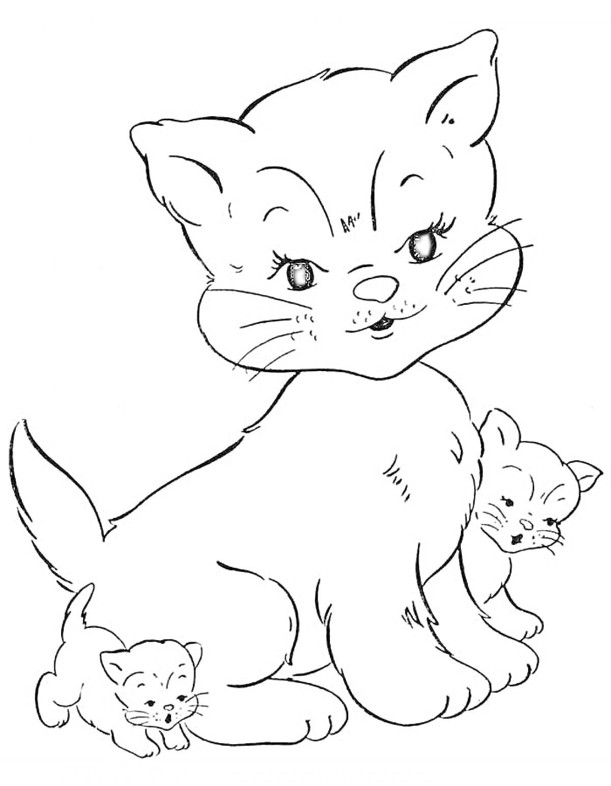 Раскраска Кошка с двумя котятами