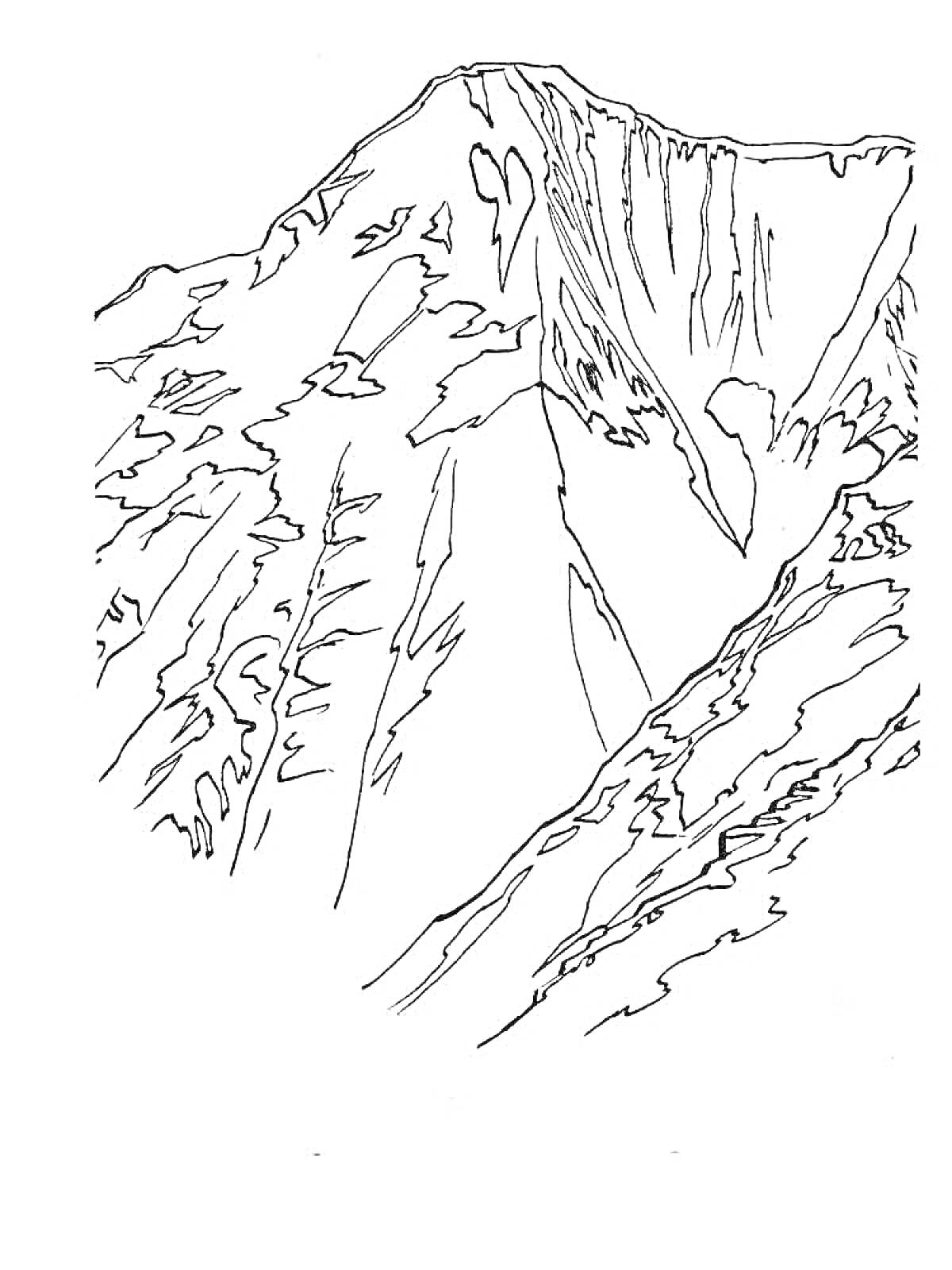 Раскраска Линии контура горы Эльбрус, изображающие вершину горы с окружающими её склонами и деталями рельефа.
